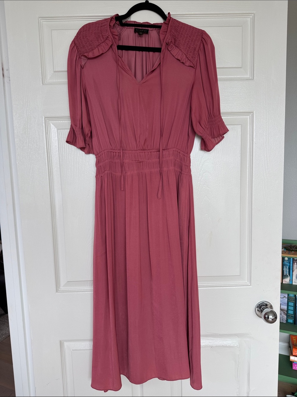 Current Air Dusty Rose Midi Dress with Smocked Waist and Puff Sleeves